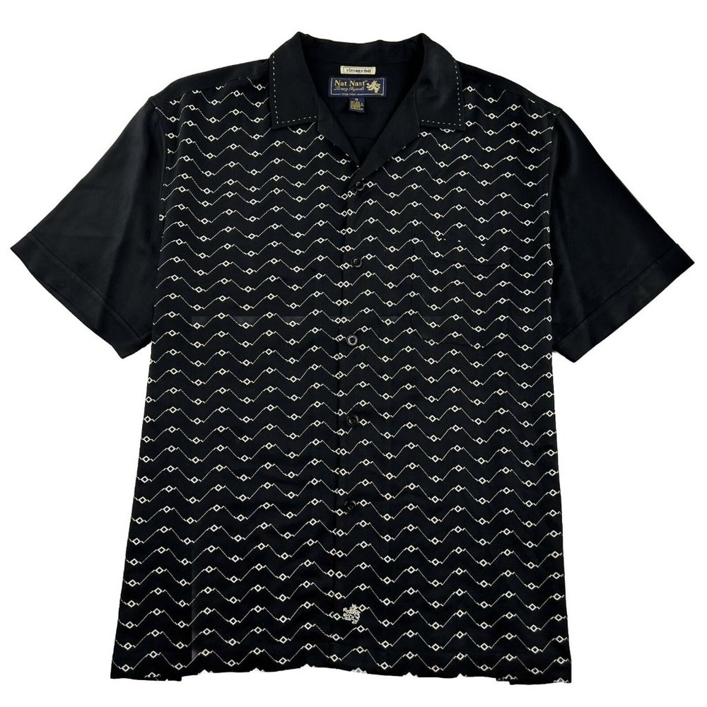 Nat Nast Men’s L Vintage 1946 Atomic Bowling Shirt Black Wheat Silk Rockabilly